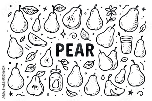 Hand-drawn pears and leaves with jam and juice elements in black and white