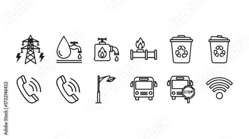Collection of urban infrastructure and utility icons representing electricity water gas telephone transport and waste management services vector
