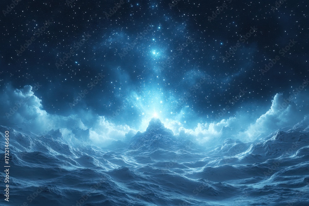 Obraz premium Stars twinkle brightly in a midnight blue sky dotted with fluffy white clouds.