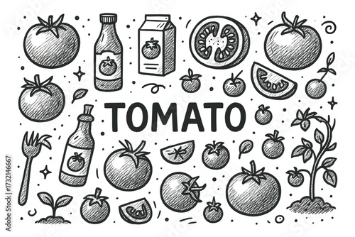 Hand-drawn tomato doodles: whole, sliced, sauce, and plant illustrations