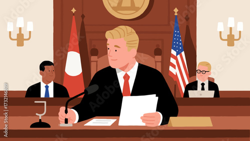 Lawyers and judges are in court, cartoon hand-drawn vector illustrations