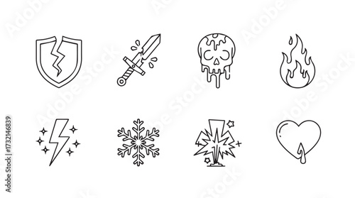 Collection of fantasy game icons depicting shield sword skull fire lightning snowflake tree heart combat vector
