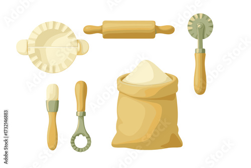 Assortment of essential baking tools and ingredients for homemade pastries and dough preparation including flour, rolling pin, and pastry cutters