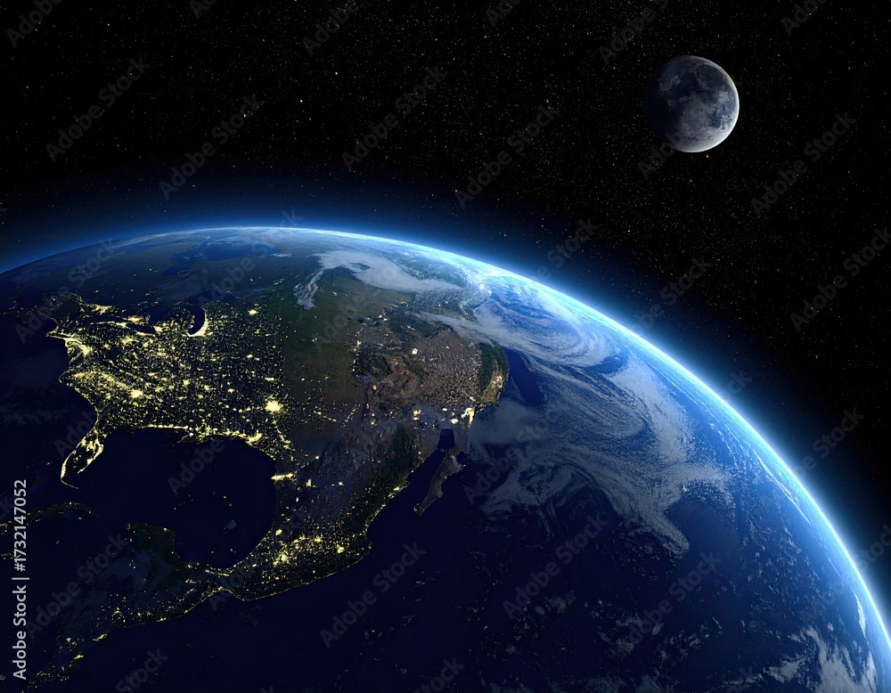 Obraz premium Earth from space, North America highlighted, moon visible