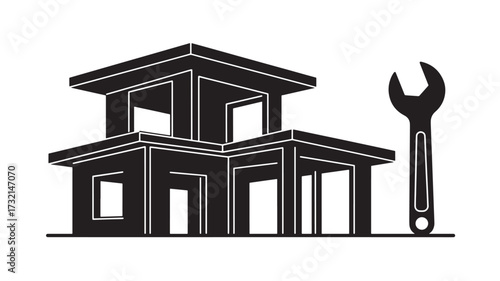 House renovation with adjustable wrench in simple line art on white background for construction website