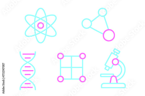 Bright neon outline science and research symbols featuring atom DNA microscope and molecular structures