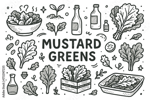 Illustration of mustard greens with leaves, bowls, and bottles in black and white