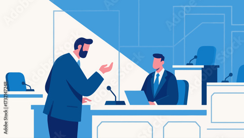 Lawyers and judges are in court, cartoon hand-drawn vector illustrations