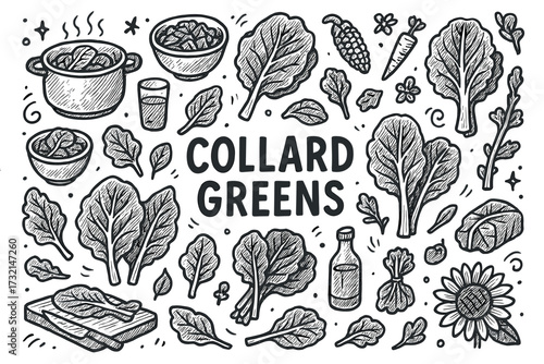 Hand-drawn collard greens and ingredients in black and white design