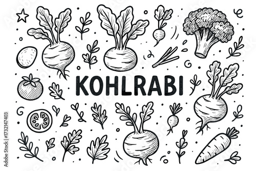 Hand-drawn vegetables: kohlrabi, broccoli, carrot, tomato, and radish on white background