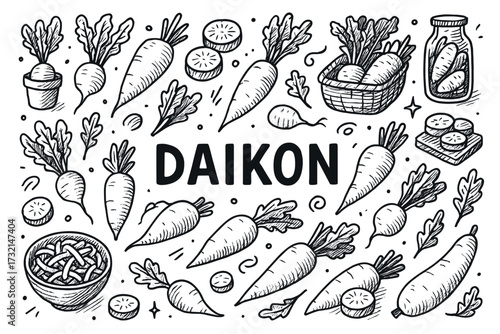 Black and white daikon illustrations with various doodle designs and styles