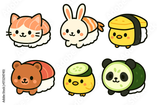 Adorable kawaii animal sushi characters including cat, rabbit, bear, chick, and panda as popular Japanese nigiri rolls
