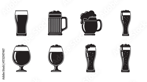 Set of beer glass icons various styles of beer glasses with foam vector illustration isolated on white background