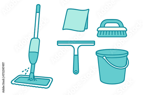 Set of essential household cleaning tools including mop, bucket, brush, cloth, and squeegee for domestic tasks