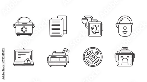Collection of vintage kitchen appliance line art icons representing retro cooking and home devices vector
