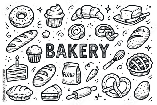 Hand-drawn bakery elements with bread, pastries, and desserts in monochrome style