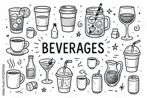 Various beverages: coffee, wine, cocktails, and juices in hand-drawn illustration