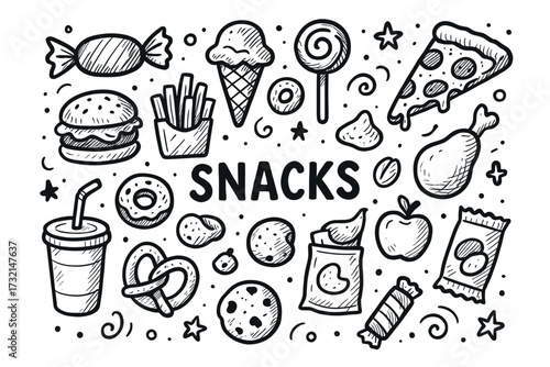 Doodle snack variety: burgers, pizza, sweets, ice cream, drinks