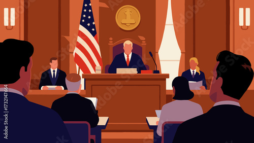 Lawyers and judges are in court, cartoon hand-drawn vector illustrations