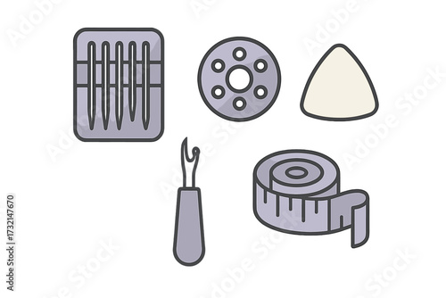 Collection of essential sewing and tailoring tools including needles, button, chalk, seam ripper, and measuring tape