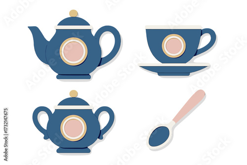Elegant blue tea set with teapot, teacup, saucer, sugar bowl, and spoon