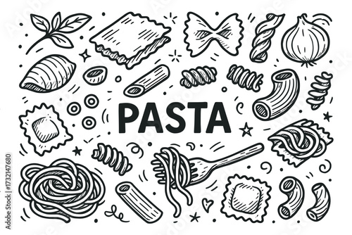 Variety of pasta doodles featuring different shapes and ingredients