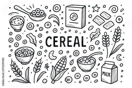 Hand-drawn cereal patterns with milk, corn, and grains in black and white