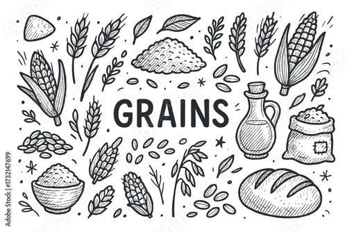 Hand-drawn grains, seeds, and bakery elements with wheat and corn illustrations