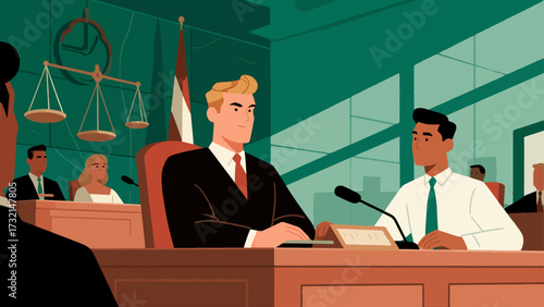 Lawyers and judges are in court, cartoon hand-drawn vector illustrations