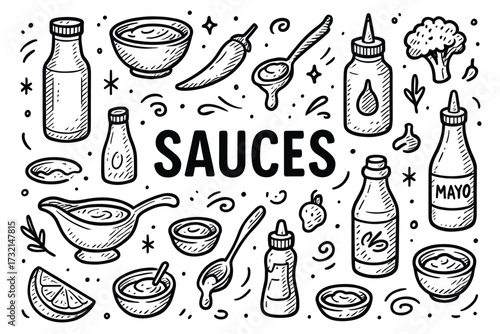 Hand-drawn sauces and condiments collection with various ingredients