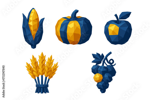 Geometric low poly autumn harvest crops and fruits set with corn, pumpkin, apple, wheat, and grapes in blue and yellow
