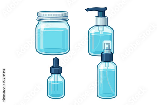 Various transparent bottles, jar, and dispensers filled with blue liquid for hygiene, cosmetic, and medical purposes
