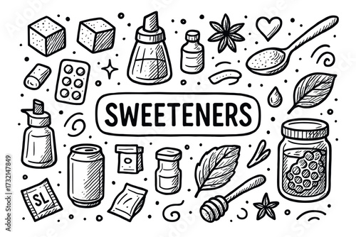 Hand-drawn doodle illustration of natural and artificial sweeteners in jars and packets