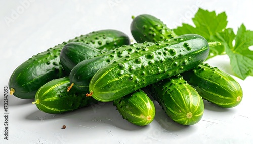 Fresh cucumbers clustered, vibrant green, with a leaf
