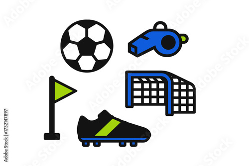 Essential football gear collection with soccer ball, referee whistle, goal net, corner flag, and athletic cleat