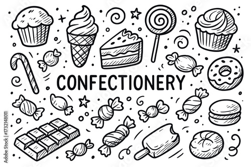 Confectionery doodles: ice cream, candy, cupcakes, chocolate, and cookies