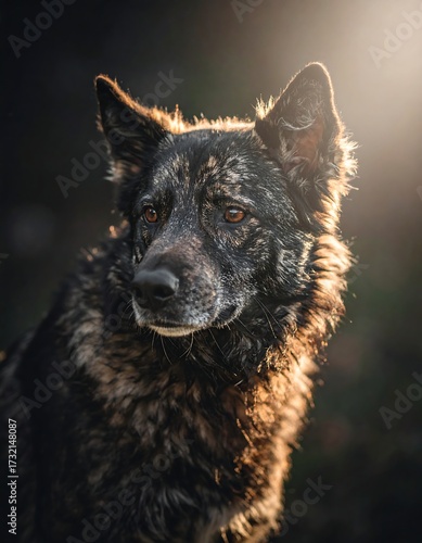 Close-up of a dog, dappled dark fur, sunlit profile