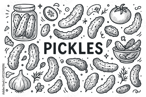 Hand-drawn pickles and vegetables arrangement with black and white sketch style