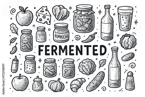 Fermented foods collection: kombucha, sauerkraut, kimchi, pickles, and more