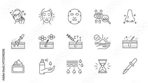 Set of skincare treatment icons thin line vector illustration for beauty and cosmetic procedures isolated on white background
