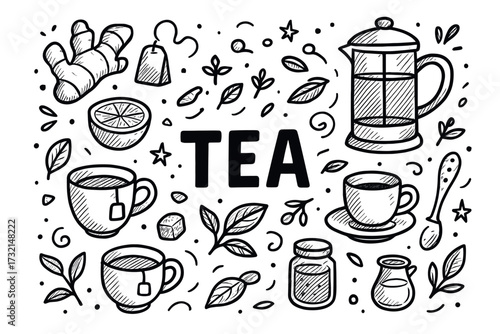 Hand-drawn tea elements with cups, ginger, and leaves in black and white sketch