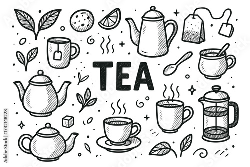 Doodle style tea time theme with teapots, cups, and leaves