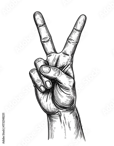 Detailed black and white hand illustration showing a victory or peace sign