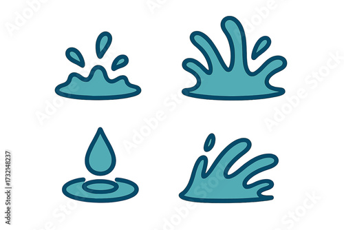 Stylized blue water splash and falling droplet elements for liquid and fluid concepts on a white background