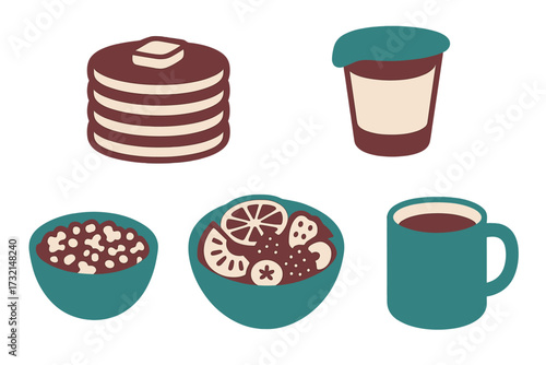 Diverse collection of breakfast foods and beverages featuring pancakes, fruit, cereal, and hot drinks for a morning meal