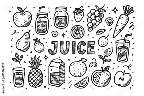 Hand-drawn juice doodles with fruits and drinks in black and white