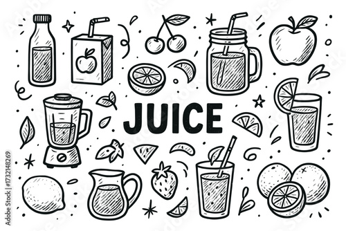 Hand-drawn juice icons with fruits and beverages in black and white