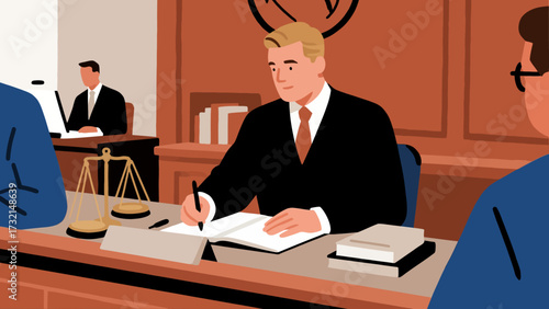 Lawyers and judges are in court, cartoon hand-drawn vector illustrations