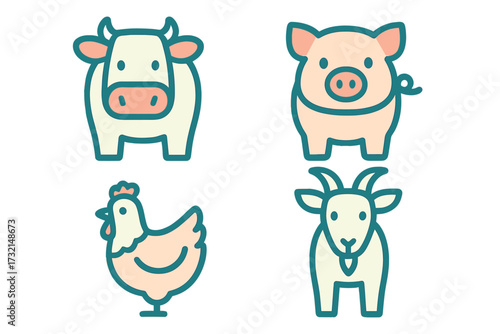 Collection of cute domestic farm animals including cow pig chicken and goat in a simple graphic style