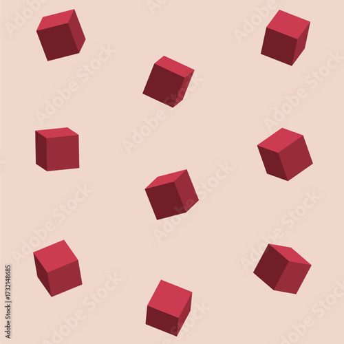 Red color isometric cubes vector seamless pattern. Color vector illustration. Decorative abstract style with isolated falling cubes.